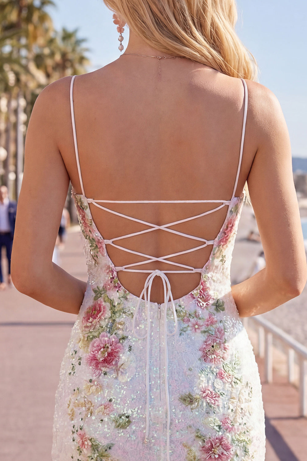 Sparkly White Floral Tight Spaghetti Straps Short Homecoming Dress with Slit