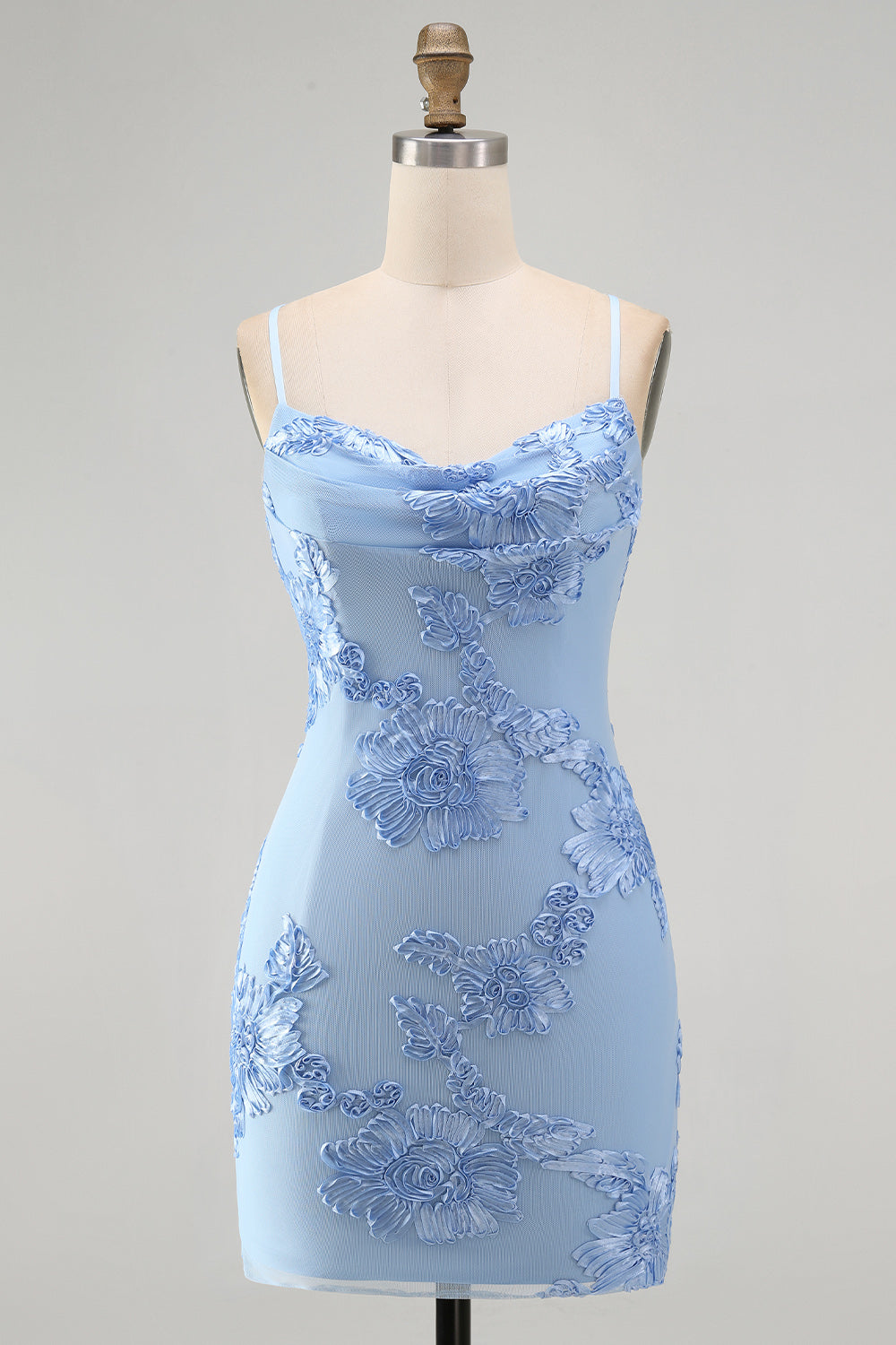 Blue Floral Tight Cowl Neck Short Homecoming Dress