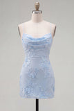 Blue Bodycon Cowl Short Homecoming Dress with Floral