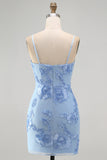 Blue Floral Tight Cowl Neck Short Homecoming Dress
