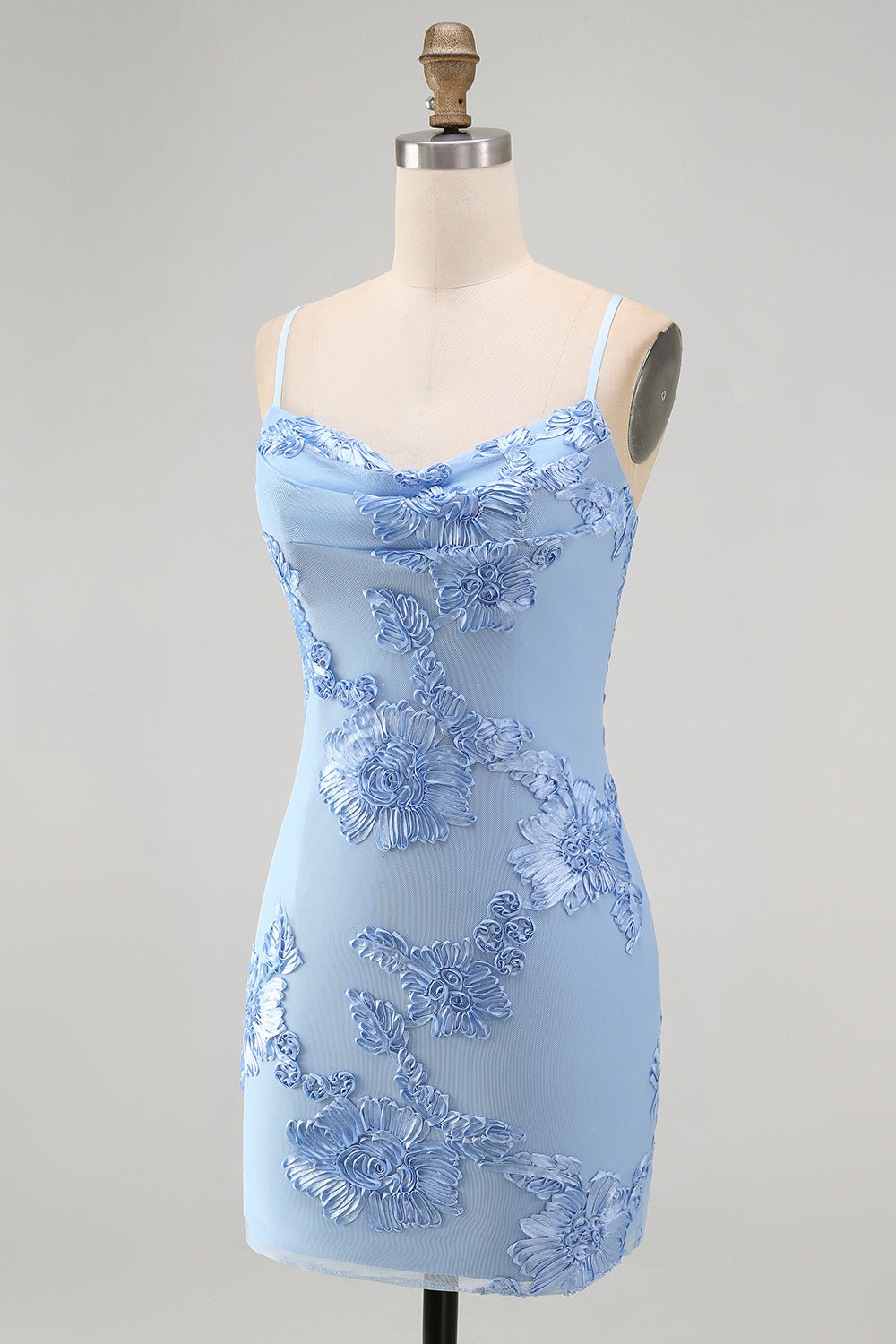 Blue Floral Tight Cowl Neck Short Homecoming Dress