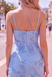 Blue Floral Tight Cowl Neck Short Homecoming Dress
