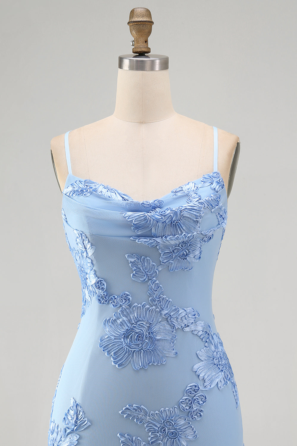 Blue Floral Tight Cowl Neck Short Homecoming Dress