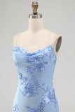 Blue Floral Tight Cowl Neck Short Homecoming Dress