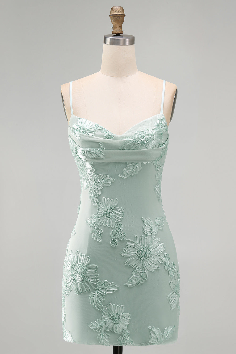 Blue Floral Tight Cowl Neck Short Homecoming Dress