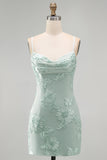 Blue Floral Tight Cowl Neck Short Homecoming Dress