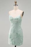 Blue Floral Tight Cowl Neck Short Homecoming Dress