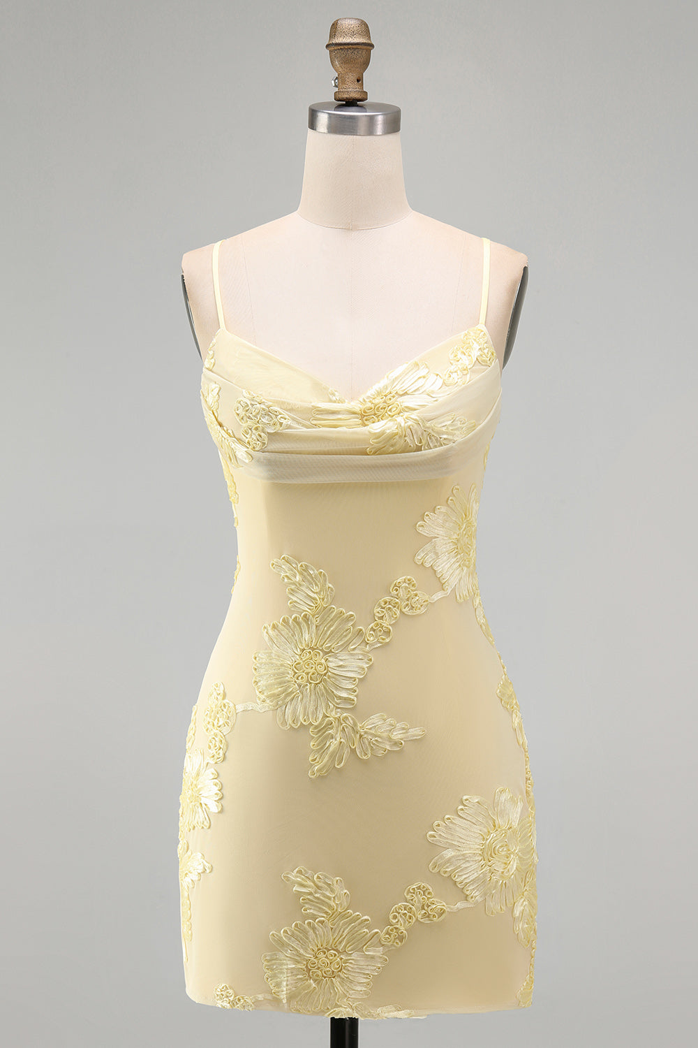 Blue Floral Tight Cowl Neck Short Homecoming Dress