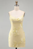 Blue Floral Tight Cowl Neck Short Homecoming Dress