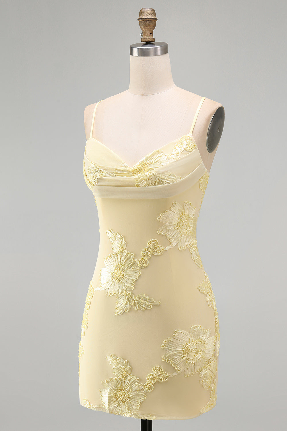 Blue Floral Tight Cowl Neck Short Homecoming Dress