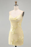 Blue Floral Tight Cowl Neck Short Homecoming Dress