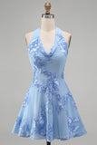 Blue A-Line Halter Floral Short Homecoming Dress with Bow