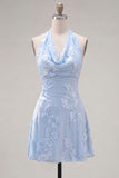 Blue A-Line Halter Floral Short Homecoming Dress