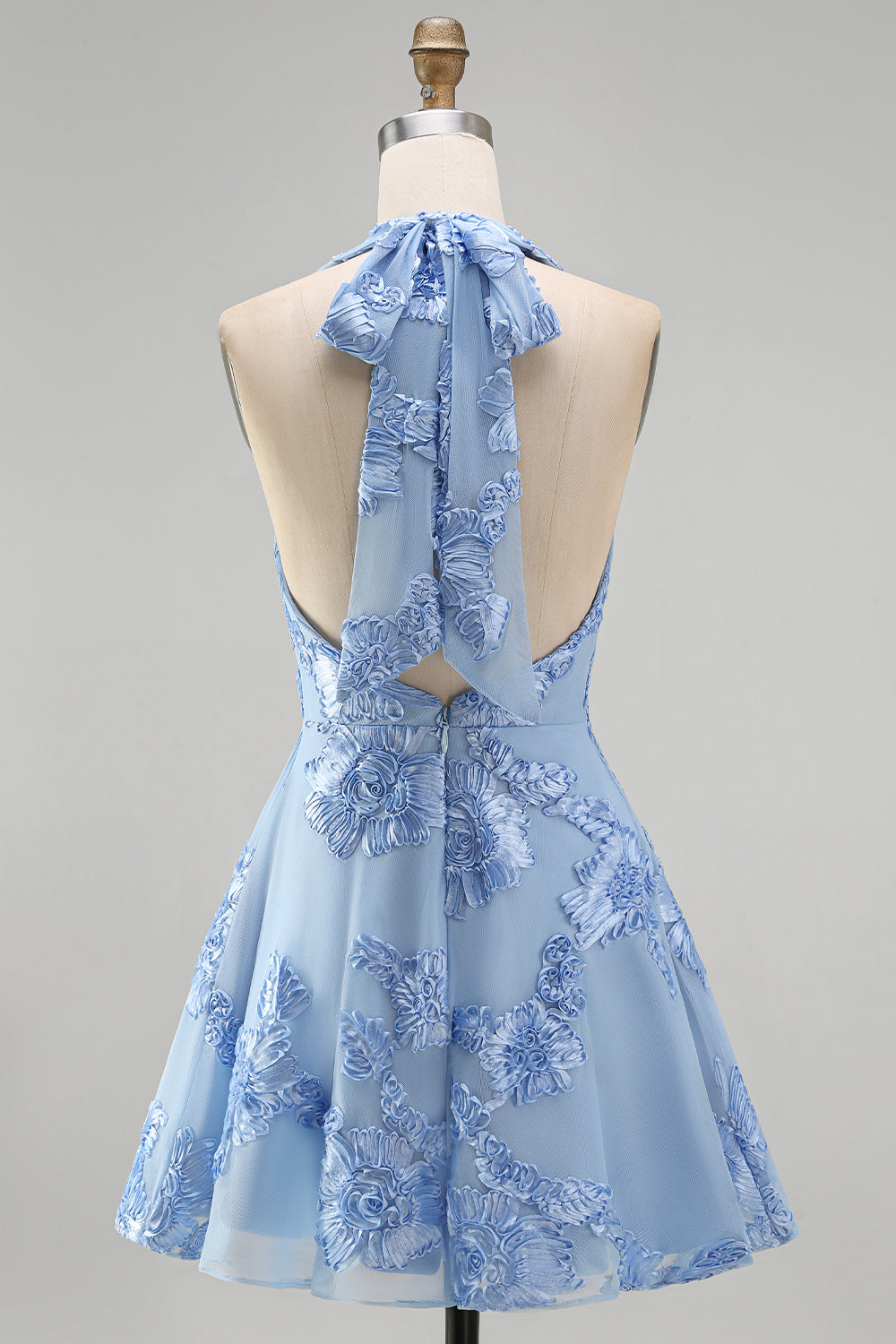 Blue A-Line Halter Floral Short Homecoming Dress with Bow