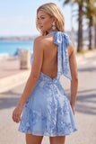 Blue A-Line Halter Floral Short Homecoming Dress with Bow