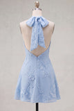 Blue A-Line Halter Floral Short Homecoming Dress