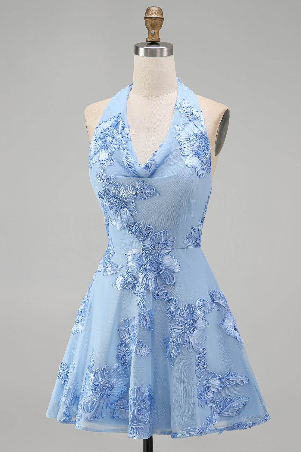 Blue A-Line Halter Floral Short Homecoming Dress with Bow