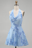 Blue A-Line Halter Floral Short Homecoming Dress with Bow