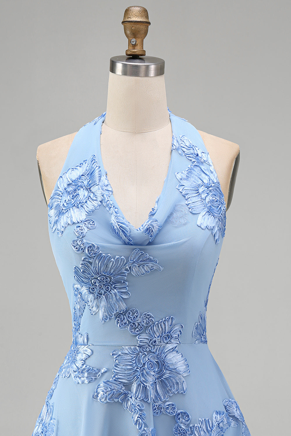 Blue A-Line Halter Floral Short Homecoming Dress with Bow