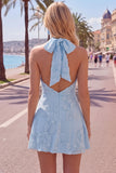 Blue A-Line Halter Floral Short Homecoming Dress
