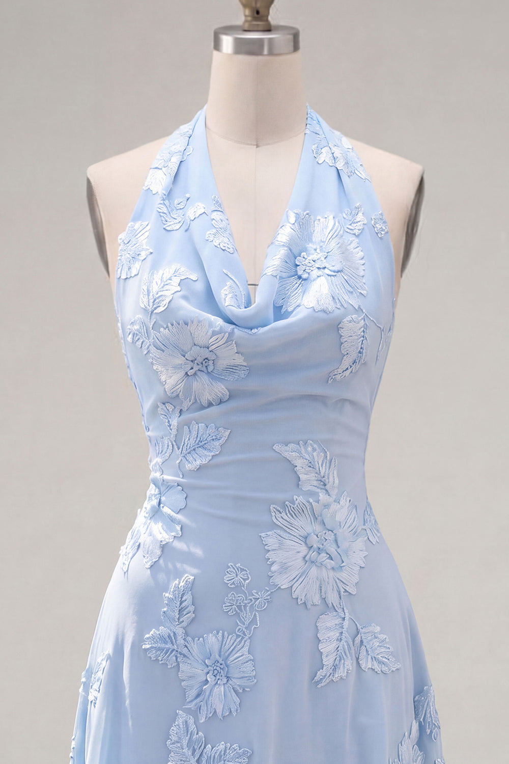 Blue A-Line Halter Floral Short Homecoming Dress