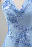 Blue A-Line Halter Floral Short Homecoming Dress with Bow