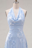 Blue A-Line Halter Floral Short Homecoming Dress