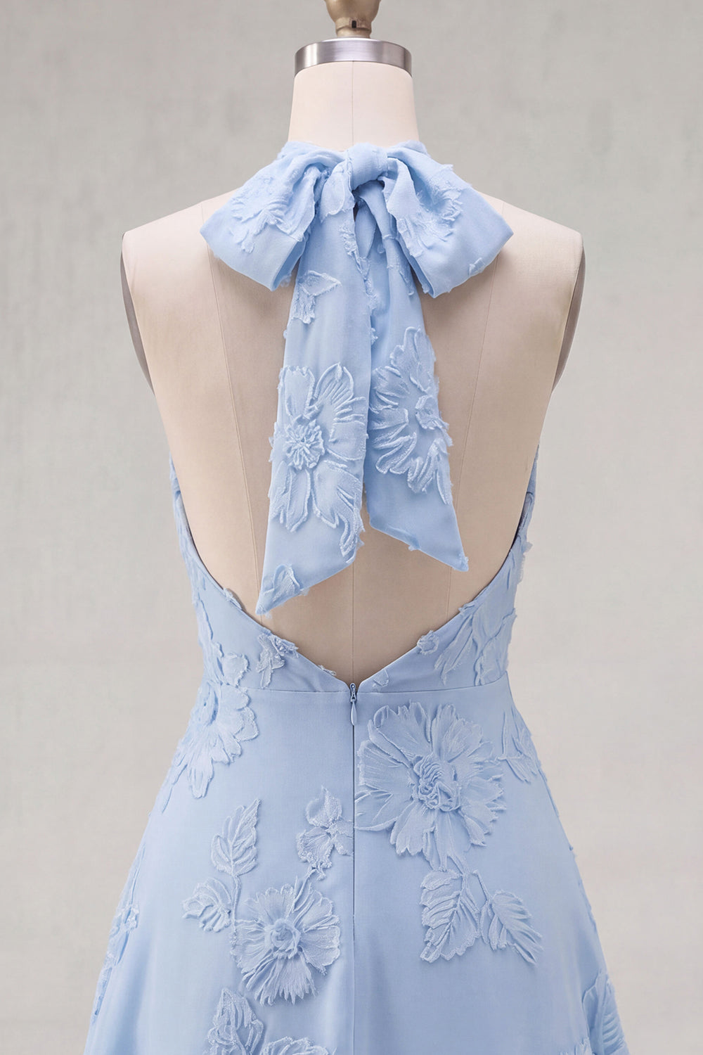 Blue A-Line Halter Floral Short Homecoming Dress