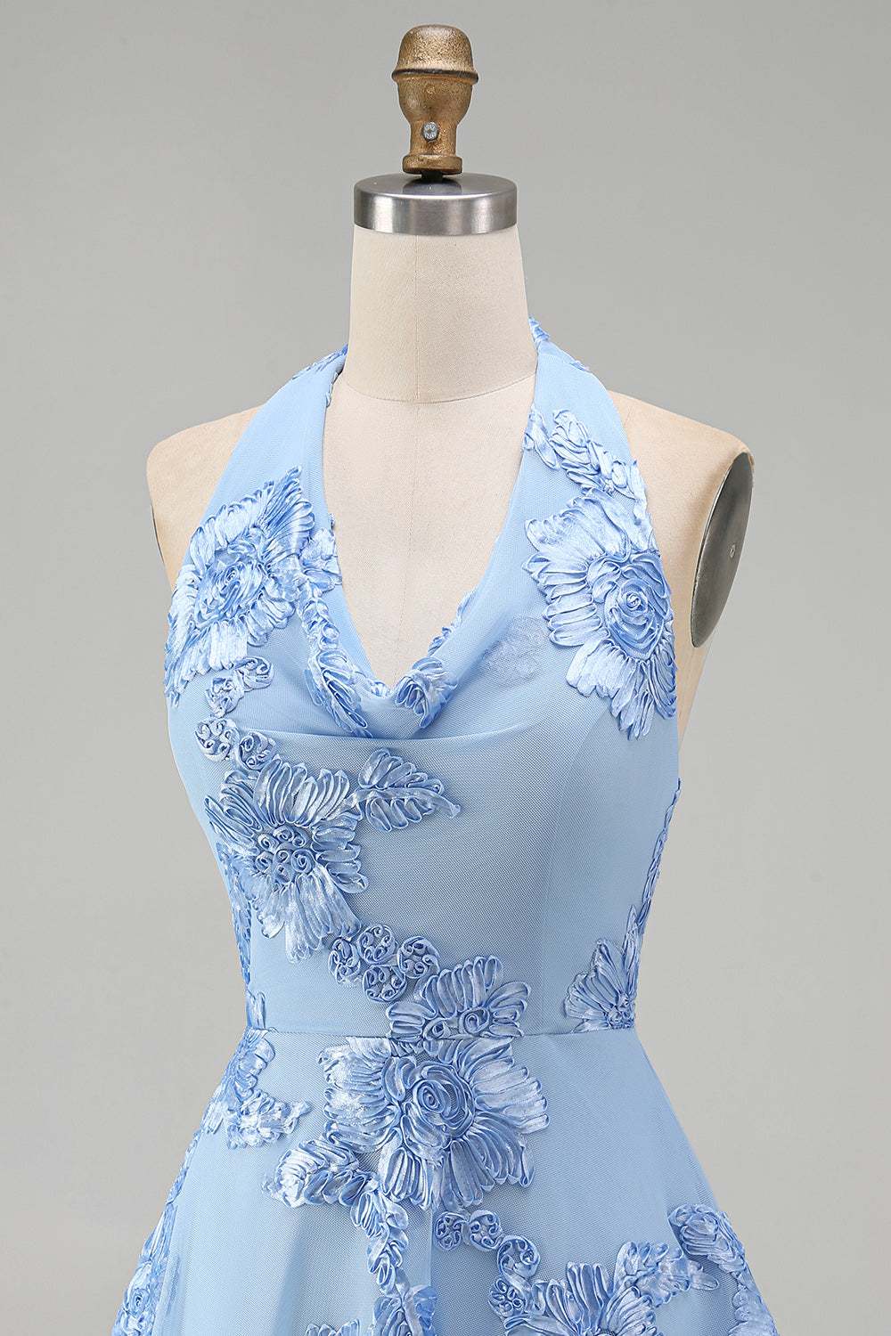 Blue A-Line Halter Floral Short Homecoming Dress with Bow