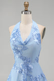 Blue A-Line Halter Floral Short Homecoming Dress with Bow