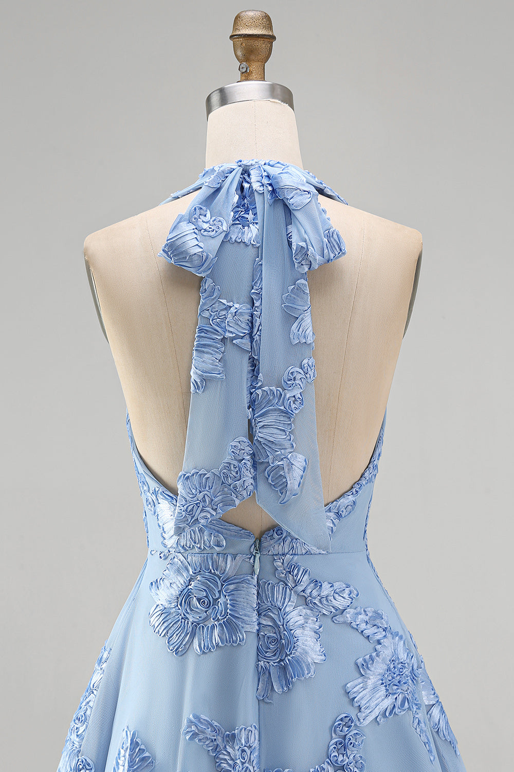 Blue A-Line Halter Floral Short Homecoming Dress with Bow