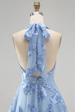 Blue A-Line Halter Floral Short Homecoming Dress with Bow