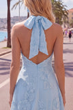 Blue A-Line Halter Floral Short Homecoming Dress
