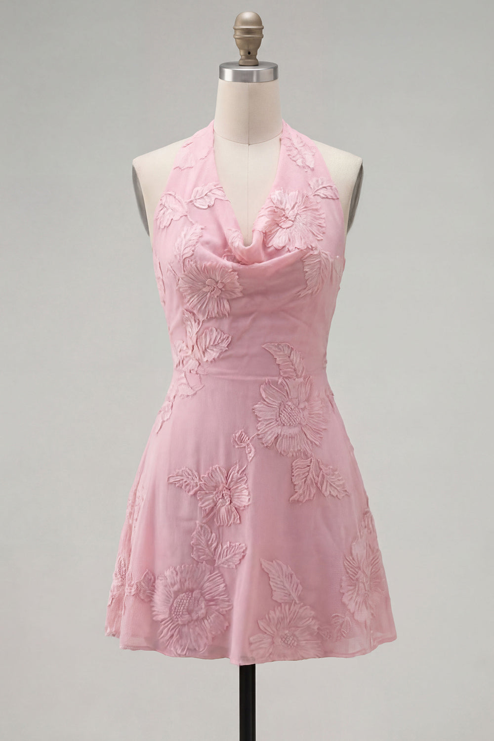 Blue A-Line Halter Floral Short Homecoming Dress