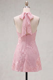 Blue A-Line Halter Floral Short Homecoming Dress