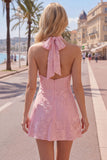 Blue A-Line Halter Floral Short Homecoming Dress
