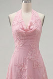 Blue A-Line Halter Floral Short Homecoming Dress