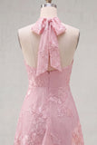 Blue A-Line Halter Floral Short Homecoming Dress
