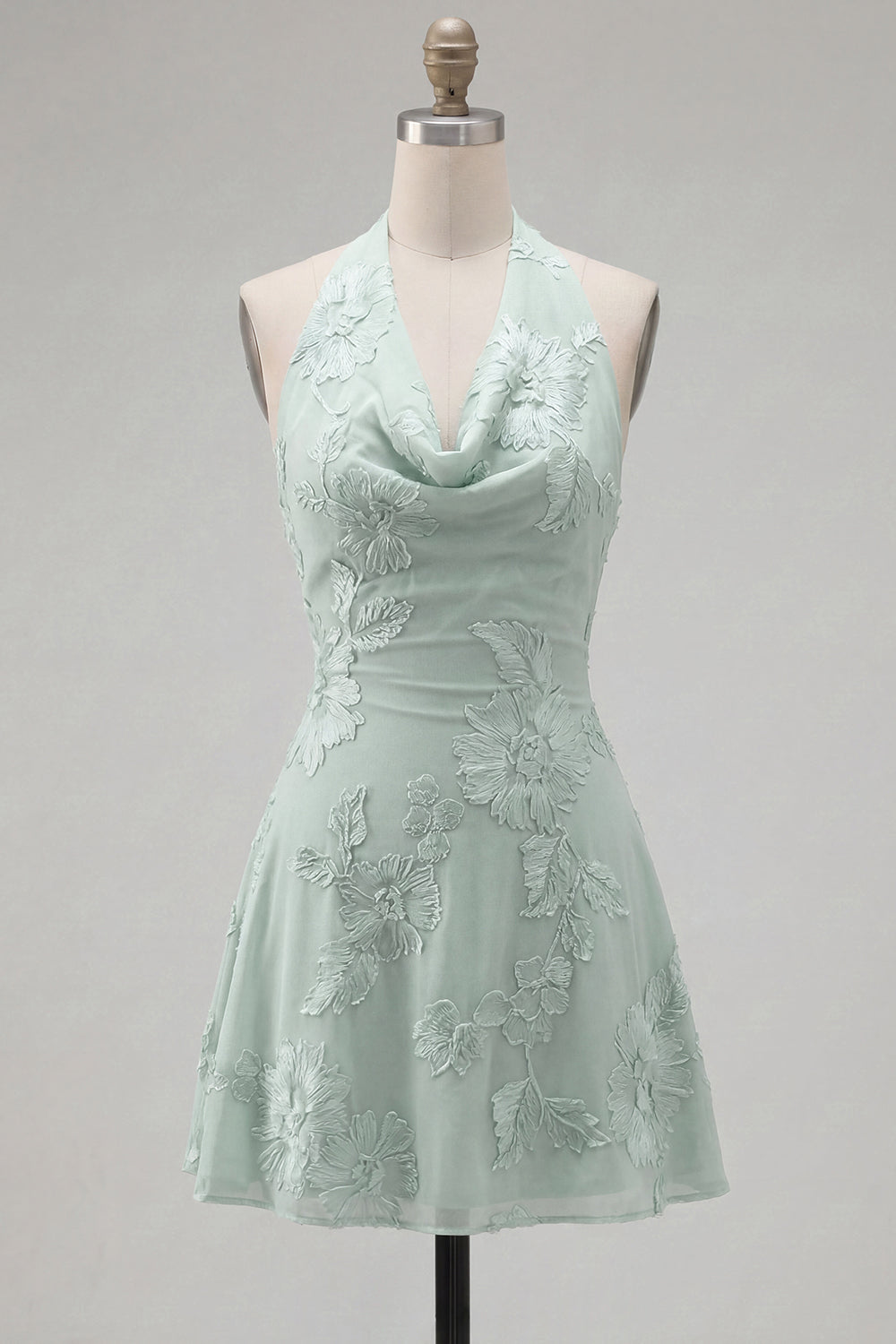 Blue A-Line Halter Floral Short Homecoming Dress