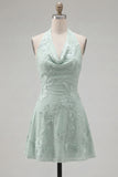 Blue A-Line Halter Floral Short Homecoming Dress