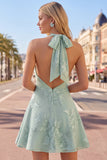 Blue A-Line Halter Floral Short Homecoming Dress with Bow