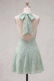 Blue A-Line Halter Floral Short Homecoming Dress