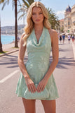 Blue A-Line Halter Floral Short Homecoming Dress