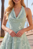 Blue A-Line Halter Floral Short Homecoming Dress with Bow