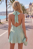 Blue A-Line Halter Floral Short Homecoming Dress
