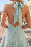 Blue A-Line Halter Floral Short Homecoming Dress with Bow