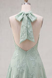 Blue A-Line Halter Floral Short Homecoming Dress