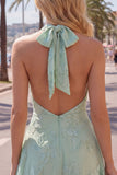 Blue A-Line Halter Floral Short Homecoming Dress