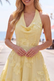 Blue A-Line Halter Floral Short Homecoming Dress with Bow