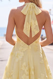 Blue A-Line Halter Floral Short Homecoming Dress with Bow